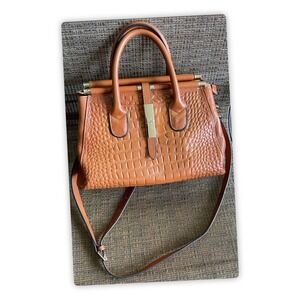 Brown Croc Embossed Satchel Handbag Crossbody Tote Purse Structured Bag